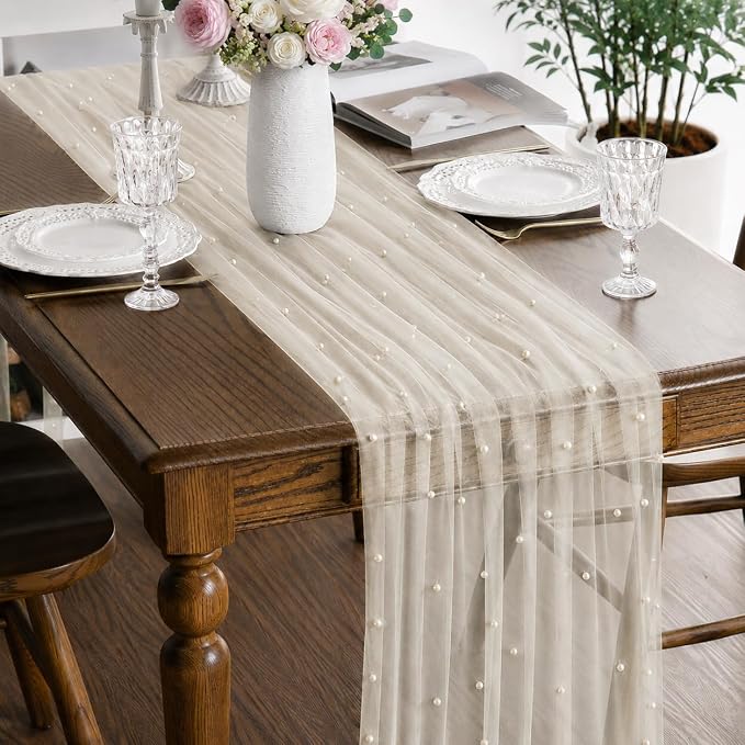 Pearl Beige Gauze Pearl Table Runner 120 Inch 10FT, Seasonal Sheer Dining Holiday Wedding Birthday Baby Shower Tulle Summer Table Decor for Home Party