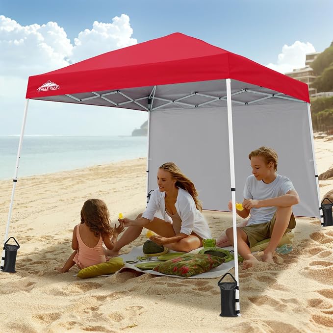 EAGLE PEAK 10x10 Pop Up Canopy Tent with Sidewall, Compact, Portable Slant Leg Instant Sun Shelter for Beach, Sports, & Camping, 10x10 Base 8x8 Top, Red