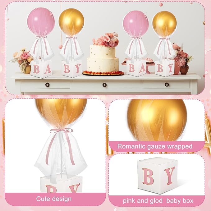 6 Set 24'' Pink Gold Tulle Tutu Balloon with Letter Boxes Princess Baby Shower Table Centerpiece Decor for Gender Reveal Latex Balloon White Tulle Cover with Stand Box for Girl Wedding Birthday Party