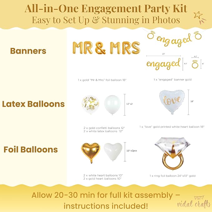 VIDAL CRAFTS Gold Engagement Party Decorations - White & Gold Decor with Engaged Banner, Mr and Mrs Balloons, Latex Heart Confetti Balloons, Engagement Ring Balloon