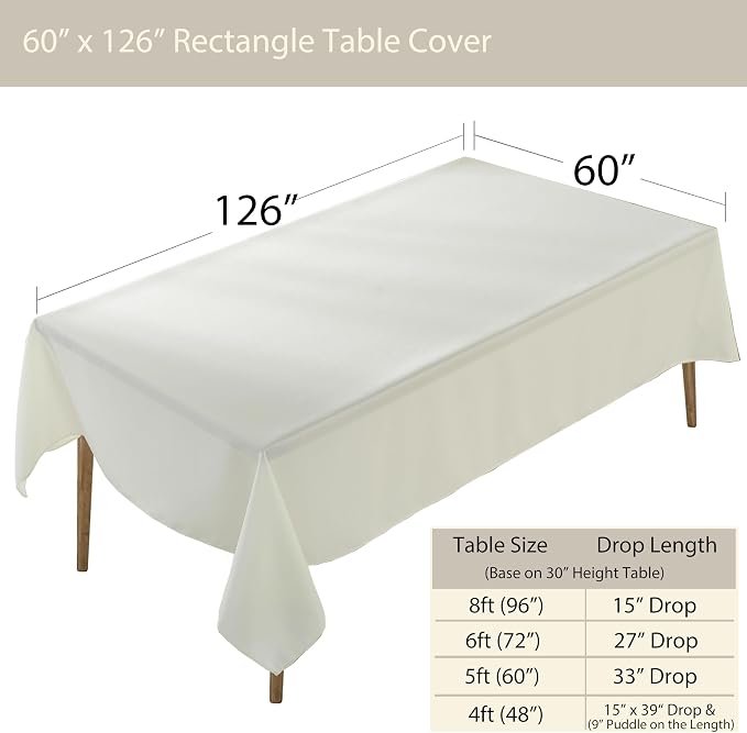 5 Pack Rectangle Tablecloth, 60 x 126 Inch Ivory Tablecloth, 8ft Rectangle Table Cloth, Polyester Fabric Washable Tablecloth for Home, Party, Wedding or Restaurant Use.