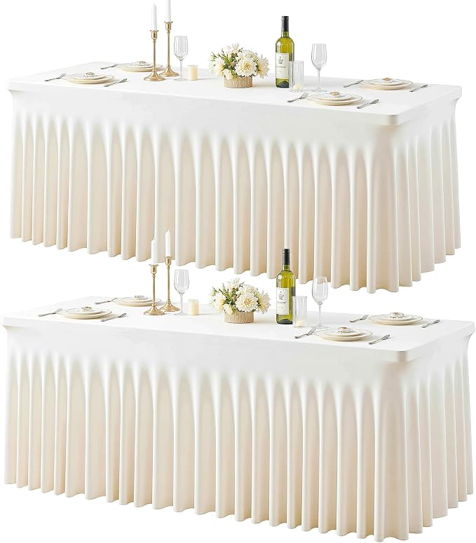 2 Pack Ivory Spandex Tablecloths for Rectangle Tables 8 Foot Ivory Stretch Table Cloth Rectangle 8ft Elastic Fitted Table Cover with Skirt for Wedding Birthday Party Banquet Baby Shower Buffet Event
