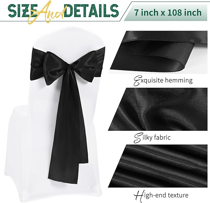 120 PCS Black Satin Chair Sashes, Ties Bows Designed Chairs Decorative, Chair Cover Sashes for Thanksgiving Wedding Christmas Banquet Party Home Kitchen Decoration (7 x 108 inch)