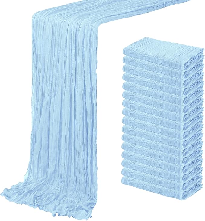 16 Pack Baby Blue Cheesecloth Table Runner 20 x 120 inch Gauze Table Runners 10 FT Long,Semi Sheer Cheese Cloth Fabric Table Runner Bulk for Wedding,Party,Baby Shower,Bridal Shower Decoration