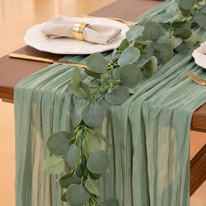 Leinuosen 8 Set 10 Ft Sage Green Cheesecloth Table Runner Wedding Decor with 6 Ft Eucalyptus Garland, Boho Gauze Table Centerpiece Runner for Wedding Baby Shower Birthday Party Decoration