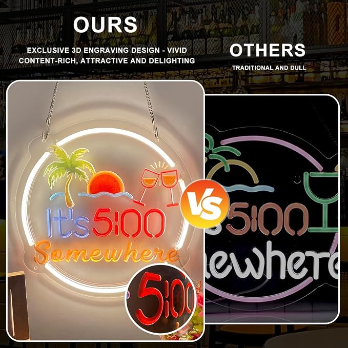 Its 5:00 Some Where Neon Sign for Wall Décor - 17"x13" Beer Led Sign for Business with Dimmable Switch - Bar Signs for Home Bar Beach Party Setups Powered by 5V USB