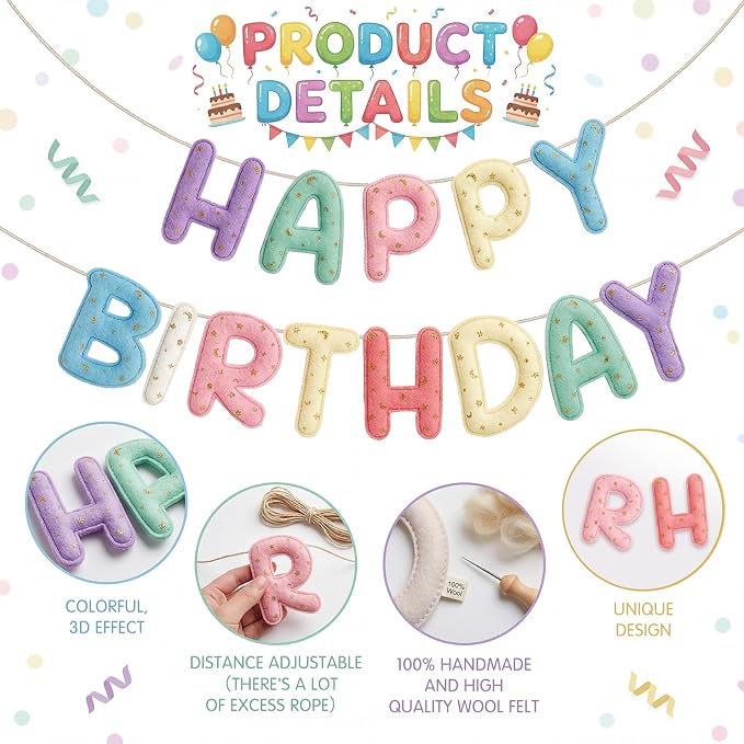 Mindsoft Felt Happy Birthday Garland Rainbow Banner Reusable Happy Birthday Sign Party Supply for Party Decor (Macaron Color,Candle)