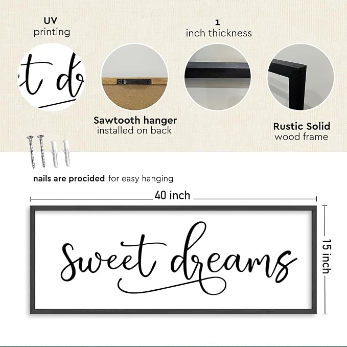 YWJKWLGS Sweet Dreams Wall Decor Signs Above Bed Bedroom Wall Art Over Bed | 40x15 Inch Farmhouse Handwritten Art Large Rustic Black Wood Framed Master Guest Room Kids Room Wall Hanging