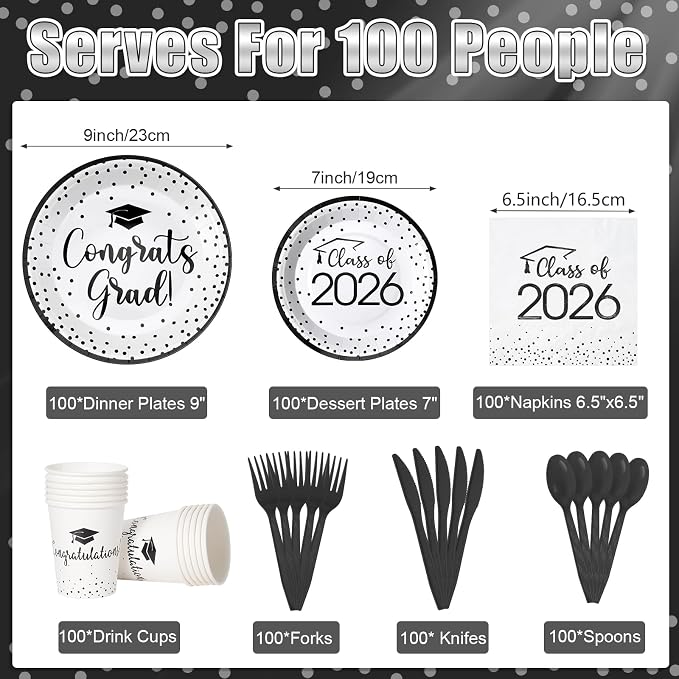 700pcs Class of 2026 Graduation Plates and Napkins Set, Disposable Paper Plate Set Polka Dots Napkins Cups Knife Fork Spoon for Graduation Party Decorations and Supplies,Serve 100 (White Black)