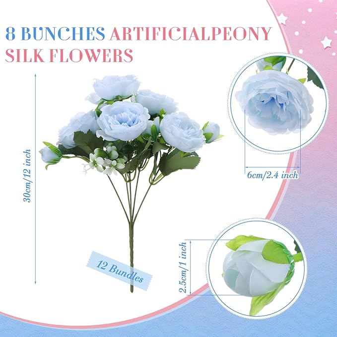 Geosar 16 Bundles Artificial Peonies Flowers Fake Silk Peony Bouquet Faux Peonies Flowers Bulk for Decoration Vase Floral Arrangements Wedding Party Table (Light Pink,Light Blue)