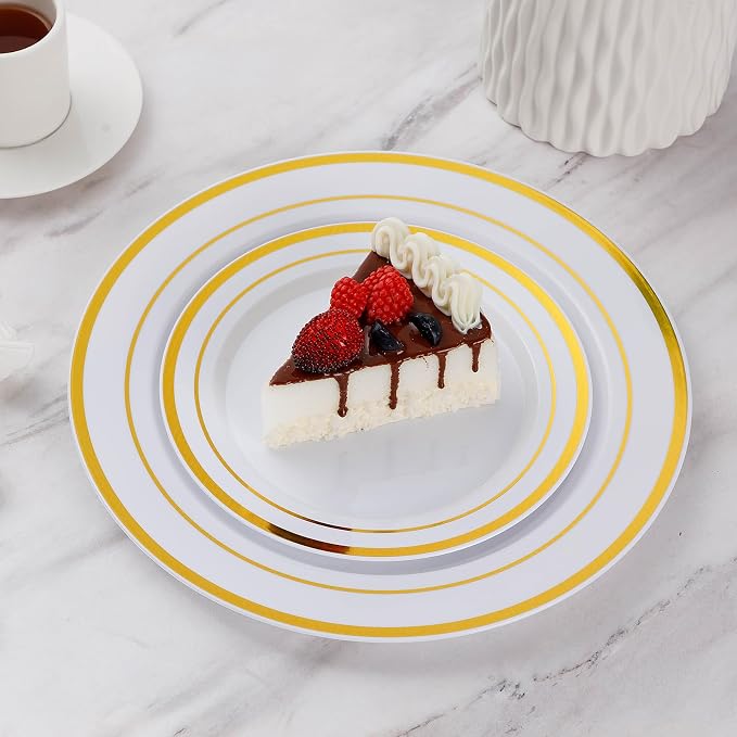 Goodluck 400 Piece White and Gold Plastic Plates Set - 200 Dinner Plates & 200 Salad Dessert Plates, Heavy Duty Disposable Gold Trimmed Plates for Wedding, Party, Elegant Fancy Plastic Plates Bulk