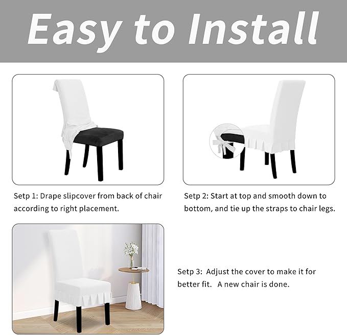 Easy-Going Dining Chair Covers Stretch Parsons Chair Slipcover with Skirt Chair Covers for Dining Room Restaurant Banquet (6 PCS, White)