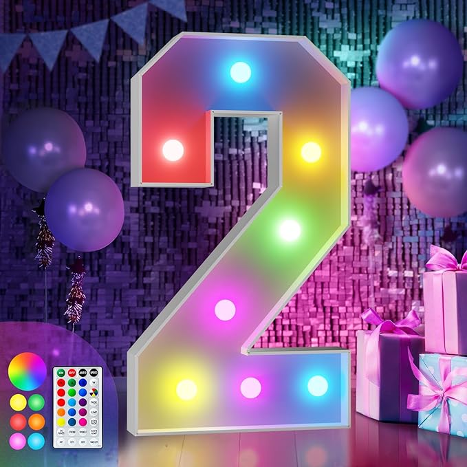 imprsv 3FT Colorful Marquee Numbers,18 Colors with Remote, Light Up Numbers 2 for 12th 21st Birthday Decorations Anniversary Party Decor, Pre-Cut Foam Board Ki, Mosaic Numbers for Balloon