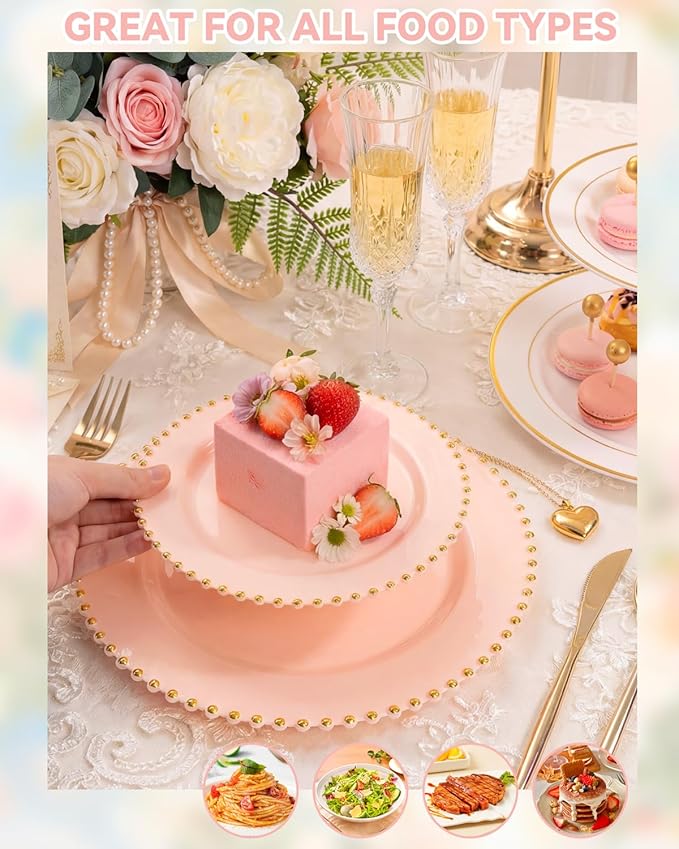 180pcs Pink Plastic Plates with Gold Beads,Elegant Heavy Duty Disposable Plates,Pink and Gold Dinnerware Set Include 10.25" Dinner Plate and 7.5" Dessert Plate with Plastic Silverware and Cups Party