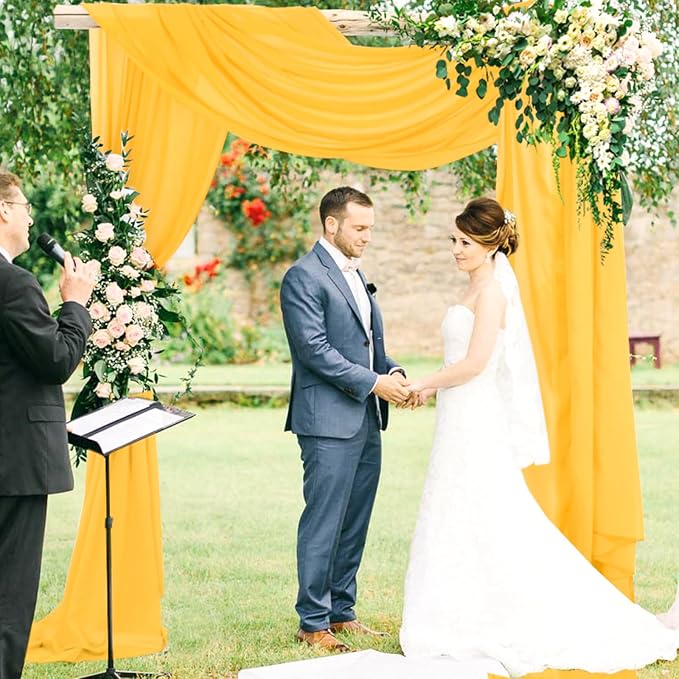 DUOBAO Chiffon Ceiling Drapes 20FT 4 Panels Gold Sheer Wedding Backdrop Curtains for Indoor Events Banquet Hall Tent Drapery Soft Draping Fabric for Arches Christmas and Photography（Golden）