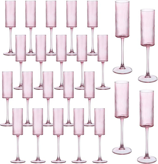 Champagne Flutes Set of 24,Vintage Ribbed Crystal Hand Blown 6 OZ Goblet Champagne Glasses Long Stem,Elegant Sparkling Wine Stemware Drinking Cocktail Unique Gift for Birthday, Wedding, Anniversary