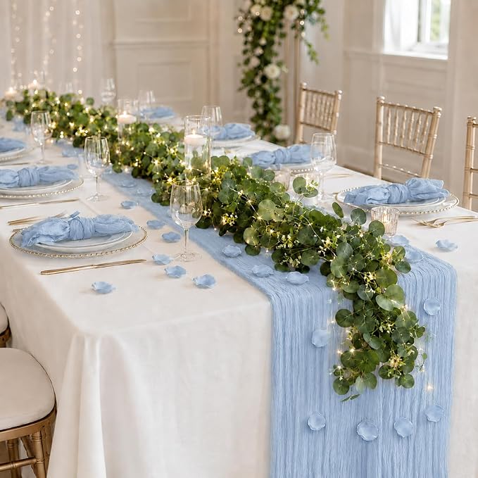 Cinrobiye 11PCS Boho Cheesecloth Table Runner Set with Rose Petals, 120'' Gauze Table Runner, Wrinkled Napkins, Eucalyptus Garland and String Lights for Wedding Baby Shower Tea Party Decorations