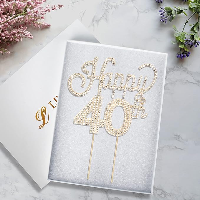 LINGTEER Happy 40th Birthday Gold Rhinestone Cake Topper - Cheers to 40th Birthday Forty Years Old Anniversary Party Cake Centerpieces Topper Decorations Gift Sign.