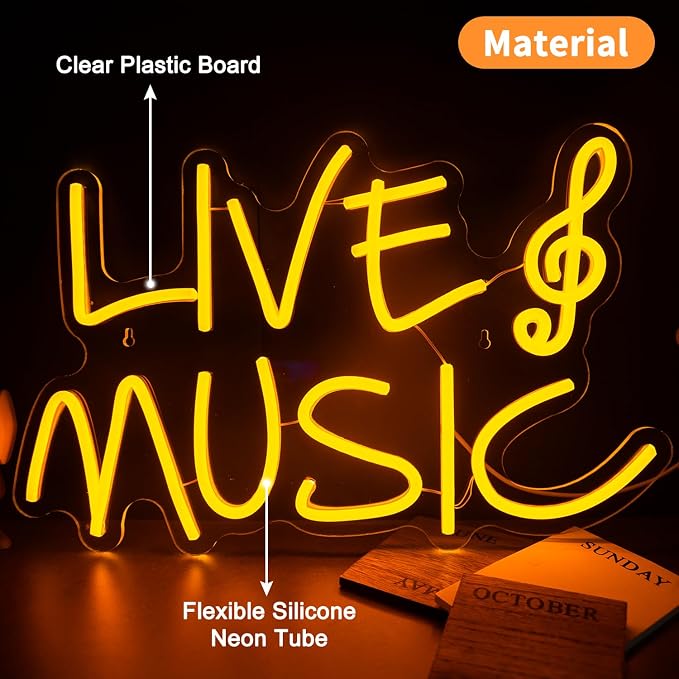 Live Music Neon Signs for Wall Decor, LED USB Powered Light Sign, Yellow Neon Light Up Letters Sign for Bedroom Music Studio Room Club Party Decor 16.93 x 11.02"