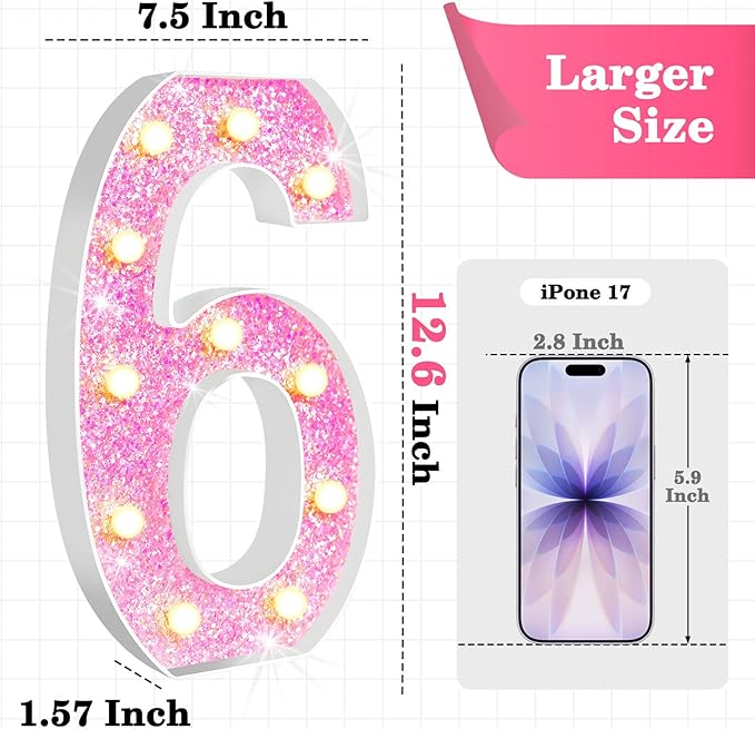 12.6 Inch LED Pink Marquee Light Up Numbers, Sweet 6th Birthday Decorations Number Lights as Gifts for Girls Women, Glitter Lighted Marquee Numbers for Pink Anniversary Party Table Decor, 6