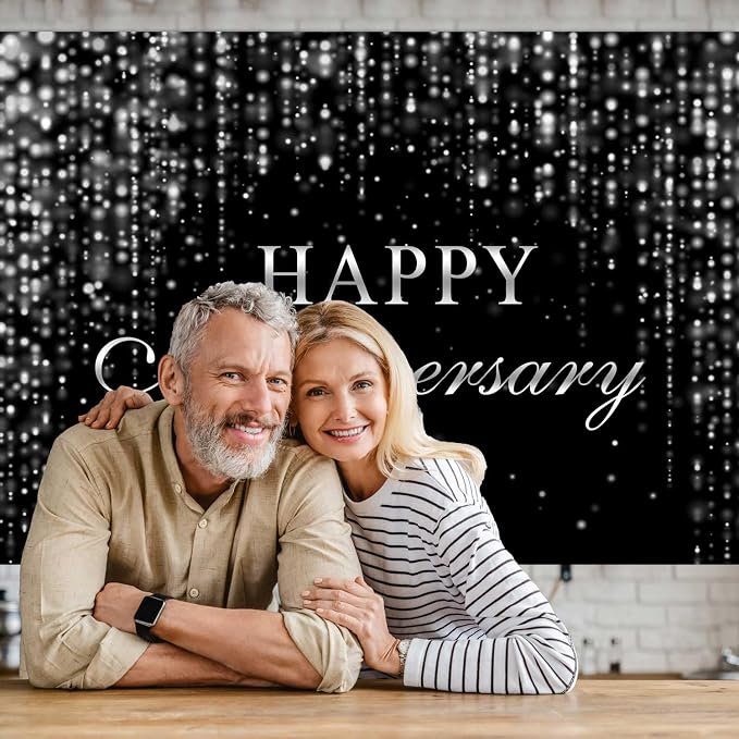 Sensfun Happy Anniversary Backdrop Black Silver Glitter Marriage Wedding Party Decorations Banner Shining Flowing Curtain We Still Do Anniversary Sign Photography Background Photo Booth Props 7x5ft