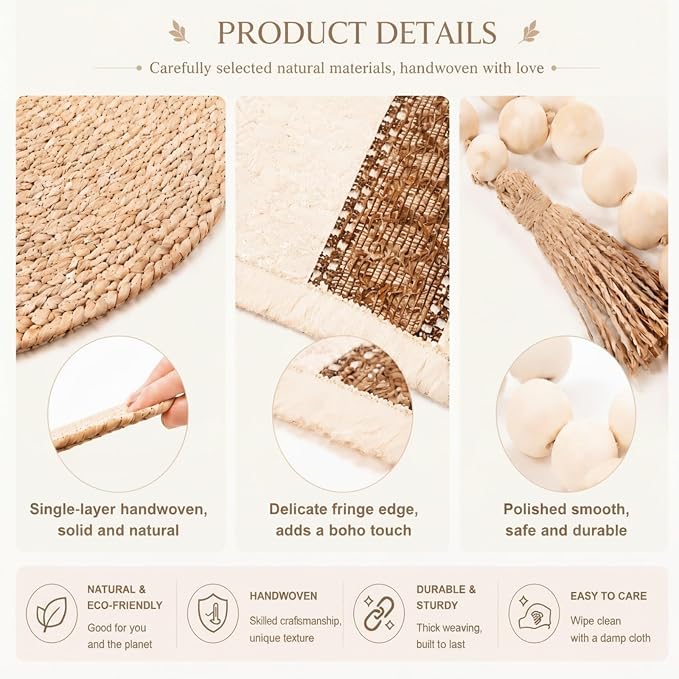Zhehao 6 Set/18 Pcs Table Decor Set, Farmhouse Table Setting Kit with Woven Round Placemats, Burlap Placemats and Wooden Bead Napkin Rings, Rustic Wedding, Bridal Shower, Party Decorations