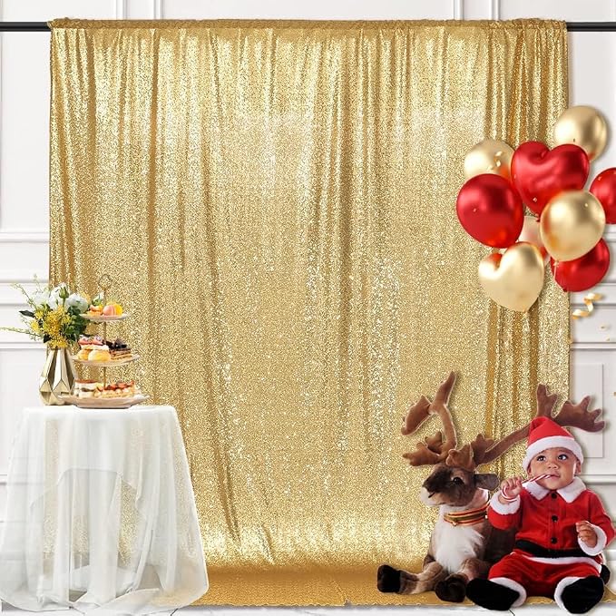 PartyDelight Gold Sequin Backdrop Curtains 6x8ft | 3mm stitched sequin curtain with 4 inch rod pocket for 6x8ft photo booth wall ceremony backdrop party wall and stage display