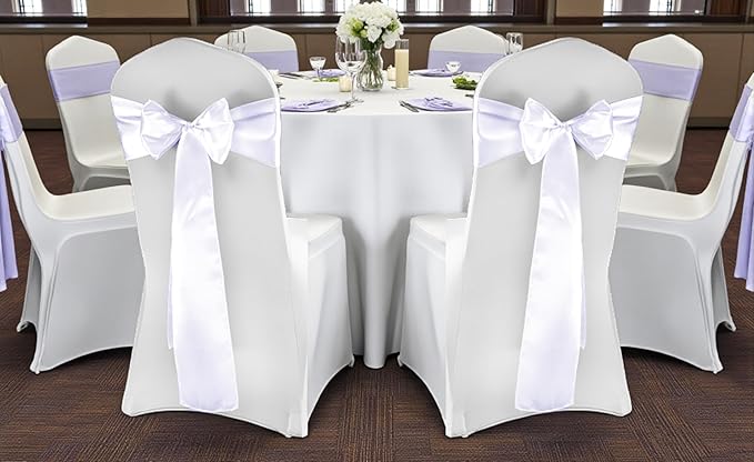 MDS Satin Chair Sashes, 200 Pack, 7”x108” Each, Decorative Chair Bows Ribbon Tie Backs for Wedding Party, Holiday Dinner, Birthday, Reception, Banquet, Hotel & Event Decoration - White