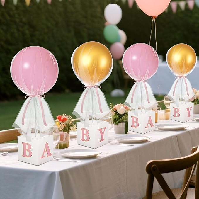 6 Set 24'' Pink Gold Tulle Tutu Balloon with Letter Boxes Princess Baby Shower Table Centerpiece Decor for Gender Reveal Latex Balloon White Tulle Cover with Stand Box for Girl Wedding Birthday Party