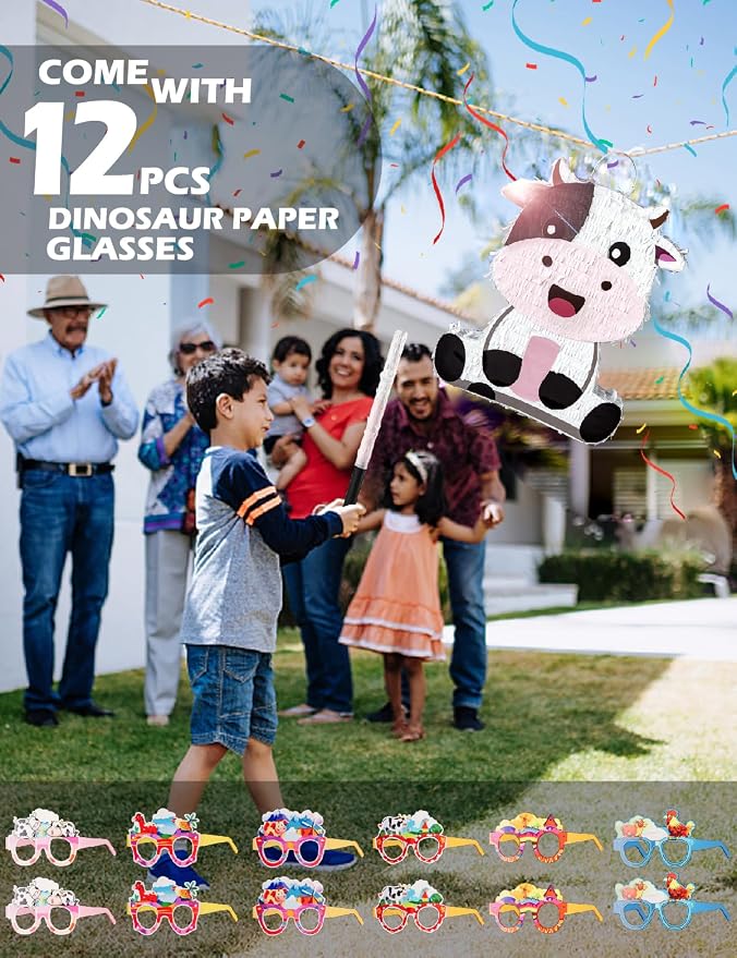 Cute Cow Piñata for Birthday Girls and Boys, Pink Cow Piñata Includes 12pcs Paper Glasses, Blindfold, Stick, and Confetti, Perfect Farm Animal Themed Party Decorations (16 x 13 x 3.5 Inch)