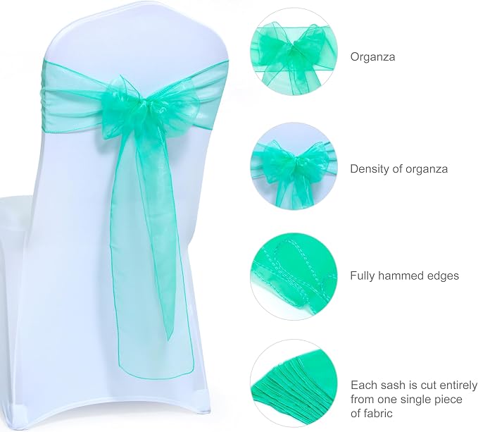 MDS® Pack of 100 Organza Chair Sashes for Wedding Decoration, Reusable Sheer Chair Bows for Banquet Chair Cover, Reception, Bridal Shower, Baby Shower, Birthday Party & Special Events - Mint