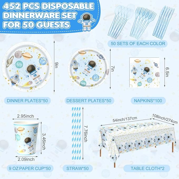Potchen 452 Pcs Party Supplies Serve 50 Guests, Paper Plates Napkins Cups Cutlery Plastic Tablecloth Dinnerware for Birthday Wedding Party Decoration (Baby Blue, Space)