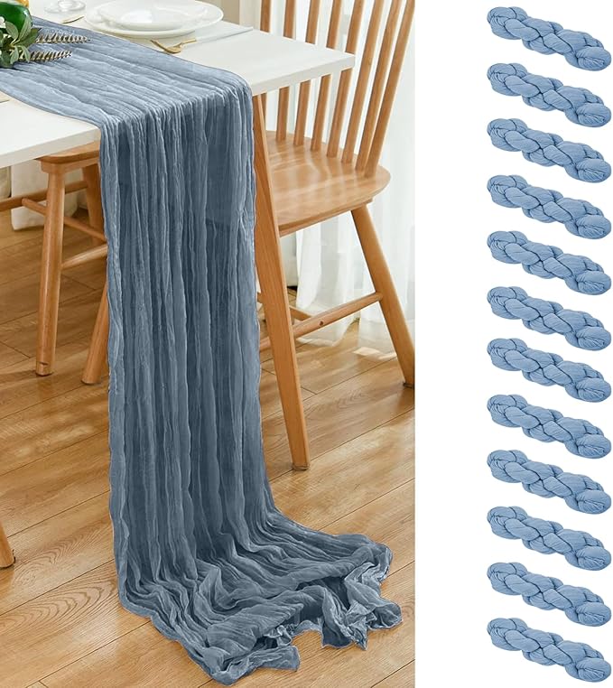 12 Pack Dusty Blue 10 Ft Cheesecloth Table Runner 21x120 Inch Boho Wrinkled Sheer Romantic Gauze Decor for Wedding, Bridal Shower, Birthday Party