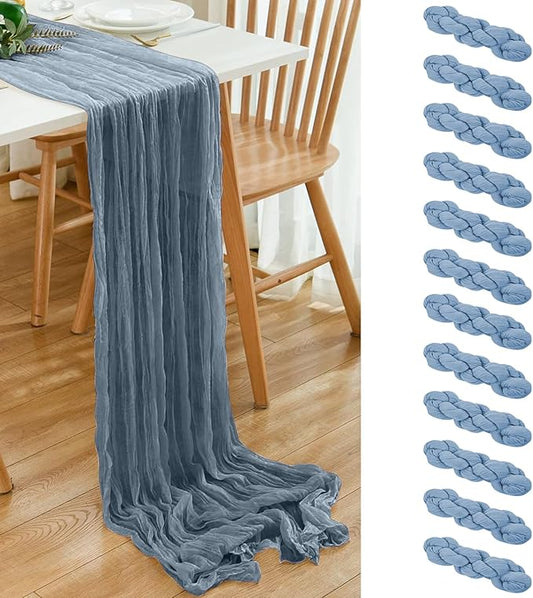 12 Pack Dusty Blue 10 Ft Cheesecloth Table Runner 21x120 Inch Boho Wrinkled Sheer Romantic Gauze Decor for Wedding, Bridal Shower, Birthday Party