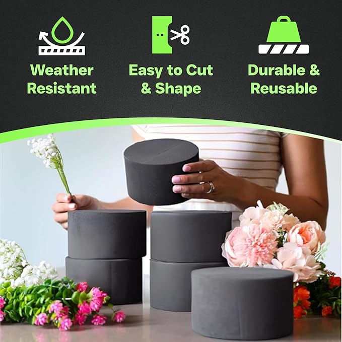 XCEL Floral Foam Blocks - Reusable, Weather Resistant Craft Foam Fresh & Artificial Flower Arrangements, Faux Florist Foam Planters Florist Supplies (Gray 5" Round x 3" Thick - 6 Pack)