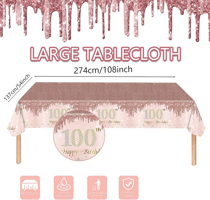 121Pcs 100th Birthday Party Supplies Plates Napkins Cups Forks Tablecloth Rose Gold Happy 100th Birthday Themed Disposable Tableware Decorations Serves 24 Guests for Women 100 Years
