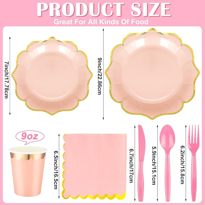 Yaomiao 168 Pcs Pastel Scalloped Paper Plates Cups Napkin with Gold Foil Pastel Party Disposable Dinnerware Set Easter Party Supplies Serve 24 Guests Macaron Princess Birthday Baby Shower Decorations