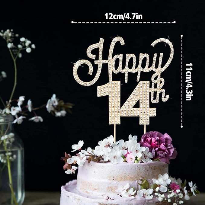 LINGTEER Happy 14th Birthday Gold Rhinestone Cake Topper - Cheers to 14th Birthday Fourteen Years Old Party Cake Centerpieces Topper Decorations Gift Sign.