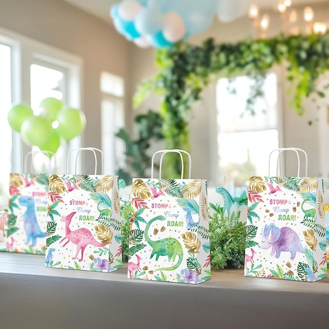 HaPiBiDesign Dinosaur Party Favor Bags, 24 Pack Dinosaur Goodie Bags with Handles, Girl Dinosaur Gift Bags, Pink Dinosaur Treat Bags for Kids Birthday Party, Dinosaur Party Supplies