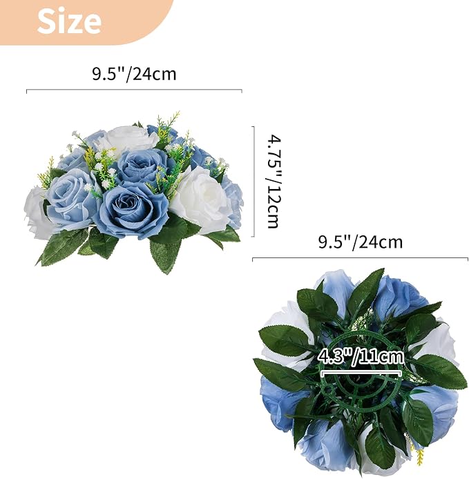 NUPTIO Flower Balls Wedding Table Centerpieces, Dusty Blue & White Roses | 2 Pcs Artificial Silk Floral Bouquet Arrangement, for Bridal Shower, Birthday Party, Quinceanera, Event Decorations