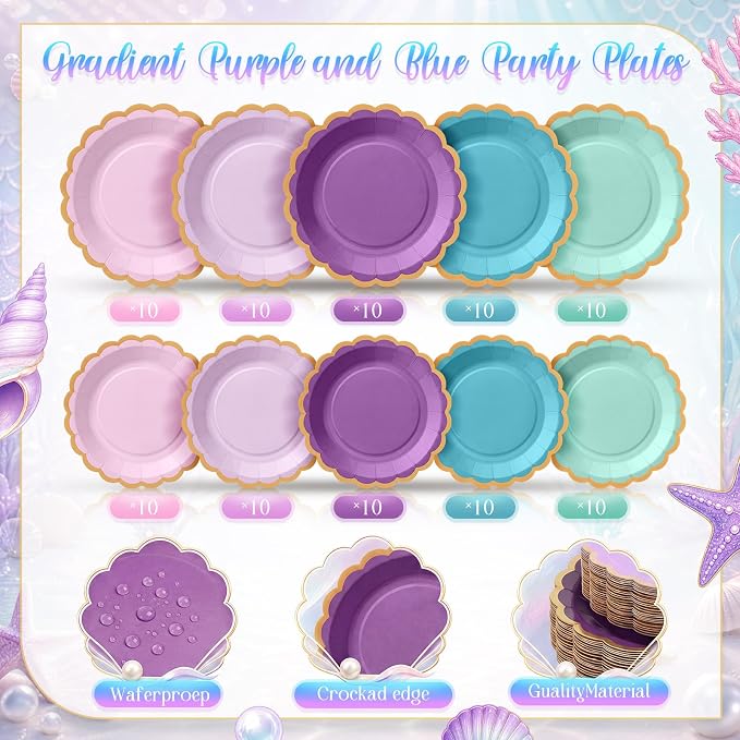 Zhehao 150 Pcs Mermaid Plates and Napkins Tableware Serves 50 Includes 9 Inch 7 Inch Purple and Blue Scalloped Wave Edges Paper Plate and Napkins for Wedding Birthday Baby Shower Party