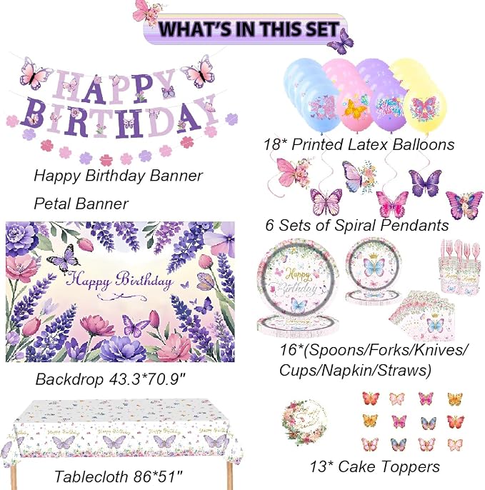 Butterfly Themed Happy Birthday Party Decorations, Plates Napkins Cups Tableware, Colorful Butterflies Backdrop Tablecloth, Happy Birthday Banner Cake Topper Colorful Printed Balloons for Kids Adults