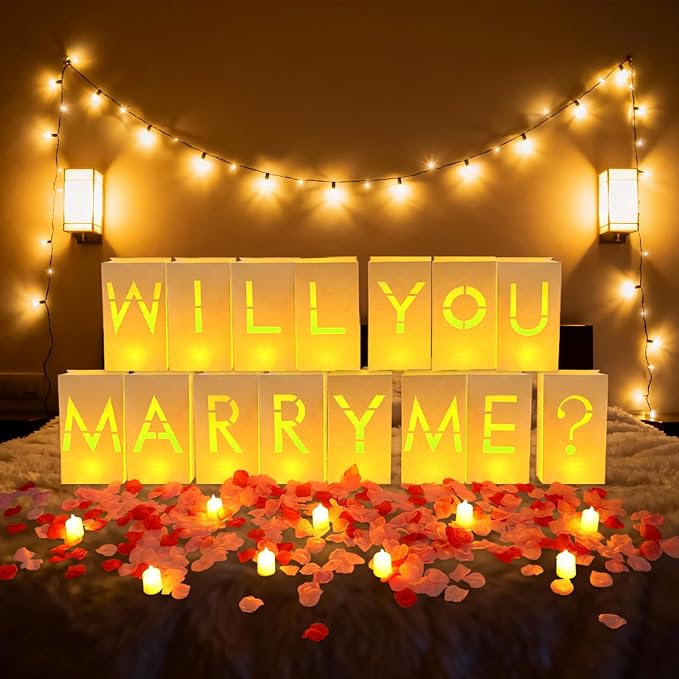 Will You Marry Me Marriage Proposal Decorations Luminary Bags Light Up Letters Sign Decor 2000 Rose Petals and Candles Set Romantic, Valentines Decor, Engagement Party Banner