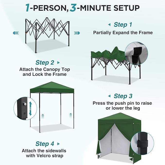 EAGLE PEAK 6x4 Instant Pop Up Canopy Tent with 4 Side Wall Panels, Straight Leg Sun Shelter, Portable Canopy with Carry Bag for Camping, Beach & Sports, Green