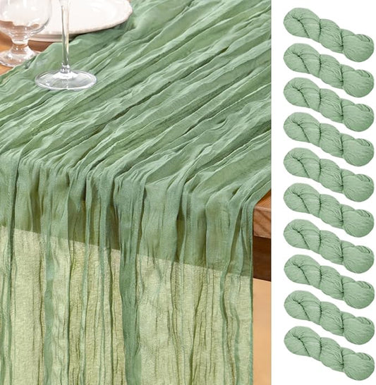 DeZerlor Sage Green Cheesecloth Table Runner 10 Pack Spring Easter Table Runners Boho Gauze 120 Inches Sage Cheese Cloth Table Decor for Wedding Bridal Baby Shower Parties