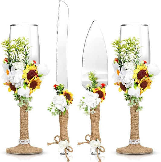Irenare Rustic Wedding Cake Knife and Server Set with Champagne Glasses Cake Serving Set Rustic Bride and Groom Champagne Flutes Wedding Decorations Supplies(Sunflower Style)