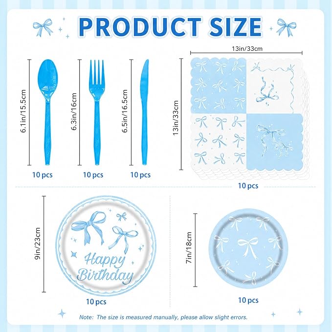 60Pcs Bow Party Supplies, Blue Bow Theme Party Decorations Include Blue Party Plates, Napkins, Forks, Knives, Spoons for Baby Shower Wedding Bridal Birthday Engagement Party Decor, Serves 10