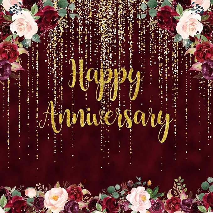 10x10ft Happy Anniversary Backdrop, Gold Glitter Burgundy Wedding Anniversary Background 1st 40th 50th 71th Couple Wedding Women Birthday Floral Party Decorations Cake Table Decor