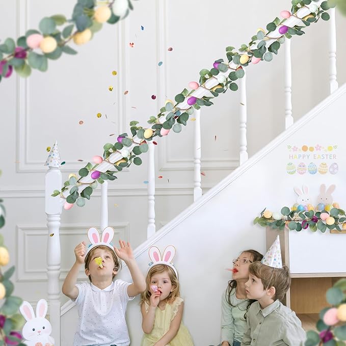 MAKHOT 2PCS 6.6Ft Easter Garland for Mantle Fireplace, Green Vines and Artificial Colored Eggs Garland Easter Decor for Home Indoor