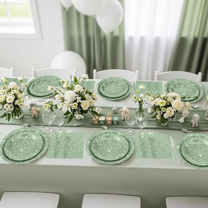 Hushee 175 Pcs 25 Guests Sage Green Paper Party Plates and Cups Napkins Sets Holographic Glitter Disposable Dinnerware Plastic Forks Knives Spoons Birthday Bachelorette Wedding Party Supplies
